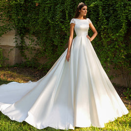 Original GY New Listing Short Sleeve Bridal Dresses Beading Appliques Illusion Back France Satin Wedding Gowns Vestidos De Boda