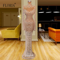 Original Dubai Champagne Beaded Sequin Evening Dress Design 2022 Long Sleeve Luxury Formal Prom Gowns Maxi Dress