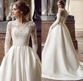 Original Unique Lace Long Sleeves Open Back Simple Elegant Wedding Dress Chiffon Detachable Train Bridal Gowns