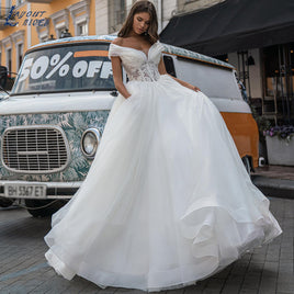 ORIGINAL LAYOUT NICEB Princess V-Neck Lace Wedding Dress Ball Gown 2022 Off The Shoulder Bride Gowns Lace Up Back Pleats Robe De Mariée