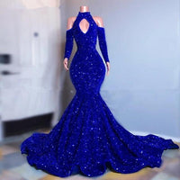 Original 2021 Plus Size Royal Blue Sequined Prom Dresses Long Sleeves High Neck Mermaid Evening Gowns Sexy Off the Shoulder Women Dress
