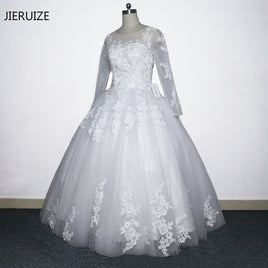 JIERUIZE - Original White Lace Appliques Ball Gown Wedding Dresses 2018 Beaded Long Sleeves Cheap Wedding Gowns Bridal Dress robe de mariee
