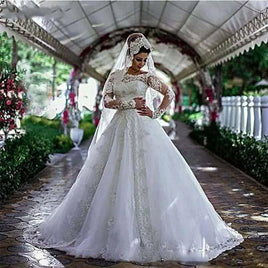 Original White Tulle Ball Gown Long Sleeve Wedding Dresses Crystal Lace Applique Cheap Vintage Wedding Gown Vestidos De Novia