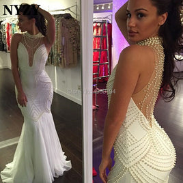 Original NYZY P44 vestidos de festa Sexy Sheer Low Back Pearls Luxury Mermaid Prom Dresses 2019 White Custom Made