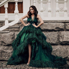 NCDIMS - Original Luxury Feather Dark Green Prom Dresses V Neck High Low Vestido De Festa Evening Dress Party Gowns