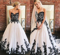 Original GyVintage Black And White A Line Wedding Dresses  Sweetheart Strapless Lace Tulle Gothic Bridal Gowns Floor Length Long Bride Dr