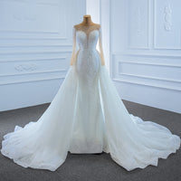 Original 67182 Elegant Pearls Heavy Work Luxy Long Sleeve Wedding Bridal Gown 2022 Detachable Train Mermaid Wedding Dress
