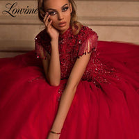 Original Saudi Arabia Dubai Design Prom Dresses Long Puffy Evening Dress Tassel Beading Customized Red Party Gowns 2020 Robe De Soiree