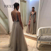 Original Beading Prom Dresses Long 2021 V Neck Light Gray High Split Tulle Sweep Train Sleeveless Evening Gown A-Line Backless Vestido De