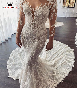 Original Sexy Wedding Dresses Mermaid Long Sleeve Tulle Lace Appliques Crystal Beads Formal Bridal Gown Custom Size DX20