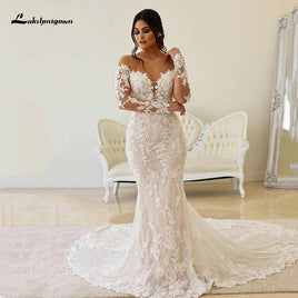 Original Sexy Boho Illusion Bodice Lace Long Sleeve Sheer Neck Appliques Mermaid Wedding Dress 2022 Bridal Gown Backless Button vestido