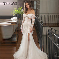Original Sexy 2022 Long Mermaid Sweetheart Wedding Dresses Beach High Side Slit Long Full Sleeves Bride Bridal Gowns Princess Robes Dress