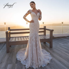 Original Fmogl Sexy Sweetheart Long Sleeve Lace Mermaid Wedding Dresses 2022 Luxury Illusion Appliques Court Train Trumpet Bride Gown