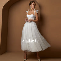 Original Elegant Wedding Dress Simplicity Silky Organza With Mid-calf Gowns Bride Square Collar Bow Strap Zipper Vestido De Casamento Plu