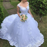 Original Illusion White/Ivory Ball Gown  2022 New Long Wedding DressShort Sleeves Bride Dresses Princess Tulle Floor Length Wedding Gowns