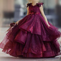 Original Purple Puffy Flower Girl Dresses for Wedding Lace Beads 3D Floral Appliqued Pageant Party Gowns Princess Girl Wear