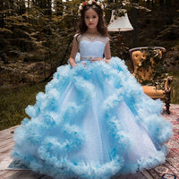 Original Blue Ruffles Ball Gown Flower Girl Dresses 2020 Appliques Crystal Princess Dress For Weddings Pageant Gowns Vestidos De Fiesta