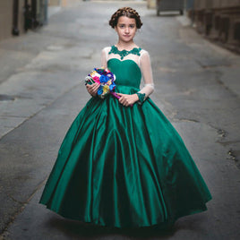 Original Green Ball Gown Appliques Long Aline Princess Flower Girl Dresses Birthday Pageant Communion Robe De Demoiselle Wedding Party