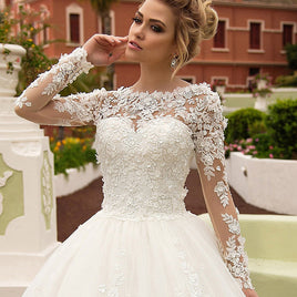 Original Fsuzwel New Charming Appliques Long Sleeves A-Line Wedding Dresses 2022 Luxury Scoop Neck Lace Up Princess Bridal Gown Plus Size