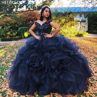 Original Navy Blue Long Quinceanera Dresses Puffy Ruffles Ball Gowns Silver Crystals Sweet 16 Girls Pageant Party Gowns Custom Made