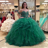Original Exquisite Crystals Emerald Green Quinceanera Dresses Sweetheart Corset Puffy Ruffles Sweet 16 Girls Pageant Party Gowns