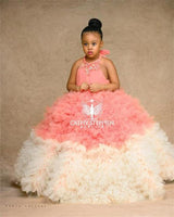Original Ball Puffy Flower Girl Dresses For Wedding Halter Beads Crystal African Girls Pageant Gowns Tiered Skirts Tulle Kids Prom Dress