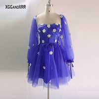 Original New Arrival Blue Puffy Sleeves Short Prom Dress 2022 Flower Crystal Girls Birthday Party Gown Sweet 15 16 Pageant Custom Made