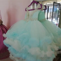 Original Real Picture Customized Sky Blue Puffy Flower Girls Dresses Cloud Beads Children Party Pageant Birthday Gown