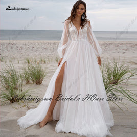 Original Vestido Vintage Boho Wedding Dress Long Sleeve 2022 Modest Bridal Robe A Line Tulle Off White Wedding Dresses High Side Split