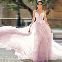 Original Elegant Lilac Purple Wedding Dress V-Neck Sleeveless Spaghetti Straps Floor Length Backless Beading Applique Свадебное платье