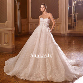 Original Luxury Wedding Dress Elegant Multi-layer Lotus Leaf Yarn V-neck Beading Wedding Gowns Crystal Lace Up White Vestido De Noiva