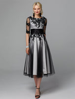 Original Cocktail Wedding Party Dress A-Line Little Black  Elegant Jewel Neck Half Sleeve Tea Length Lace with Sash Ribbon