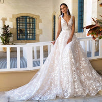 HERBURNL - Original Elegant Sweep Train A-line Wedding Dress for Bride with V-neck Sleeveless Tassel Applique Lace Tulle Bridal Gowns