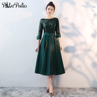 Original Green Medium Long Mother of the Bride Dresses 2018 New Sequined Tea-Length Elegant Formal Long Dresses With 3/4 Sleeve