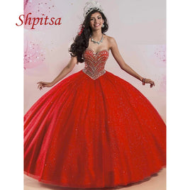 Original Red Luxury Quinceanera Dresses Plus Size Ball Gown Masquerade Princess Girl Crystals Long Sweet 16 Prom Dresses for 15 Years