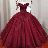 Original Luxury Ball Gown Quinceanera Dress Burgundy Off Shoulder Appliques Pageant Dress Long Sleeves Puffy Plus Size Formal Prom Gowns