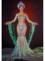 Original Sparkly Rhinestones Scale Sequins Fringe Floor Length Mermaid Dress Evening Party Catwalk Model Singer Performance Stage Costume