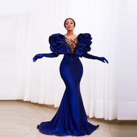 Original Royal Blue Plus Size Evening Dresses With Long Gloves Velvet Long Aso Ebi Prom Gowns Mermaid Sexy Beaded Sequins 2021