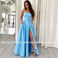 Original Light Blue Prom Dresses Long Side Slit Backless Satin Formal Evening Party Gowns with Pockets Pageant Dresses 2021 Custom Made