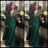 DOVE&OLIVE - 2022 Original Dark Green Illusion Long Sleeves Evening Dresses With Deep V Neck Lace Mermaid Prom Dress Long Party Gowns
