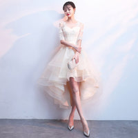 Original Elegant High Low Champagne Bridesmaid Dress 2018 Sexy Lace Backless Tulle Lace Up Formal Wedding Party Dresses