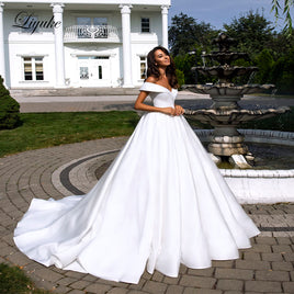 Original Liyuke Pure White Elegant  Satin A-Line Wedding Dress With Folden V-Neckline Off The Shoulder Wedding Gown